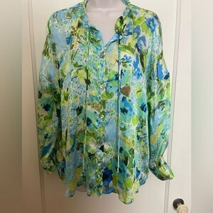 Zara Shimmery Garden Party Floral Blouse with Ruffled Collar and Neck Ties